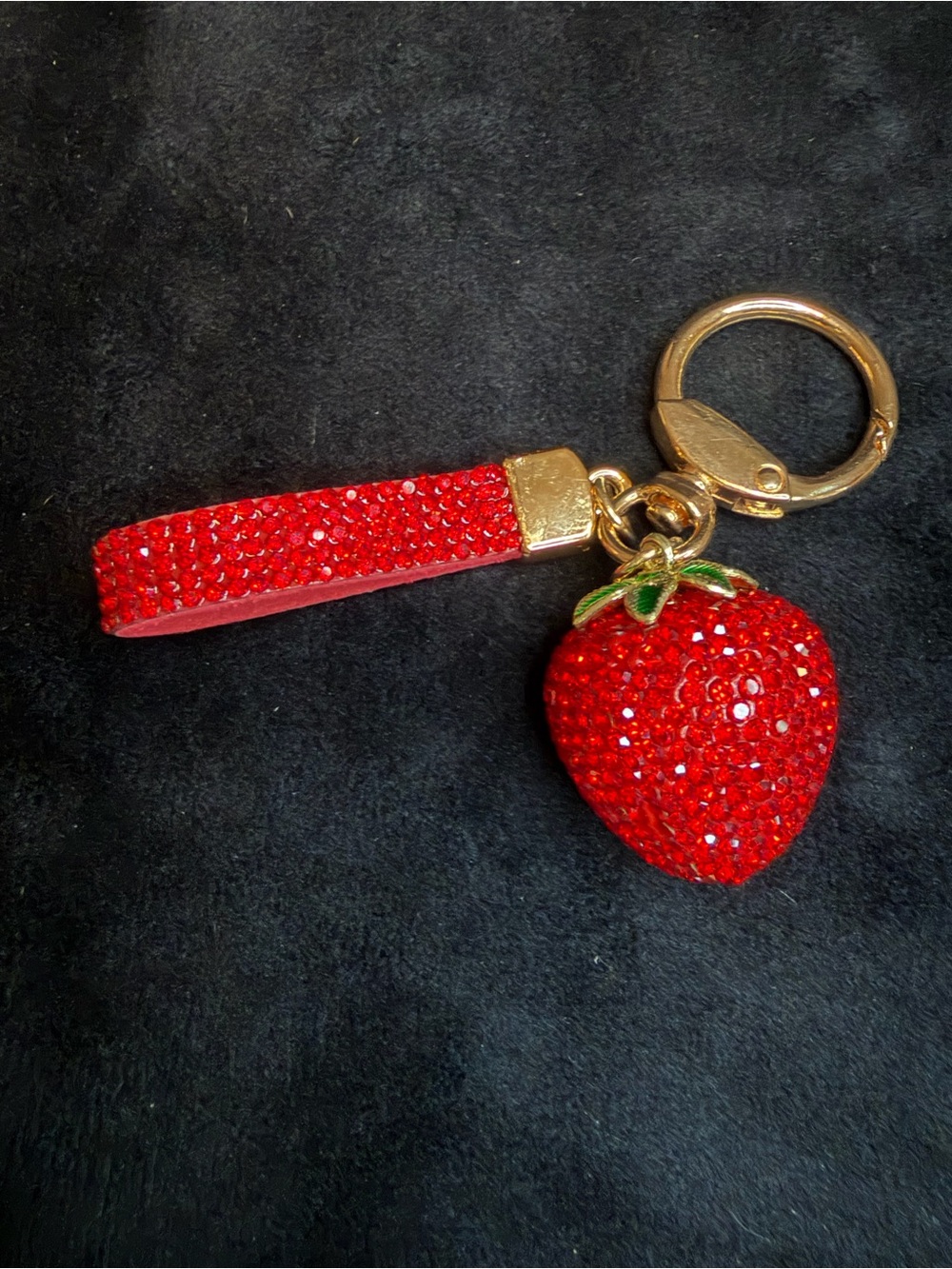 Red Rhinestone Strawberry Keychain with Gold Hardware - Picture 2 of 5